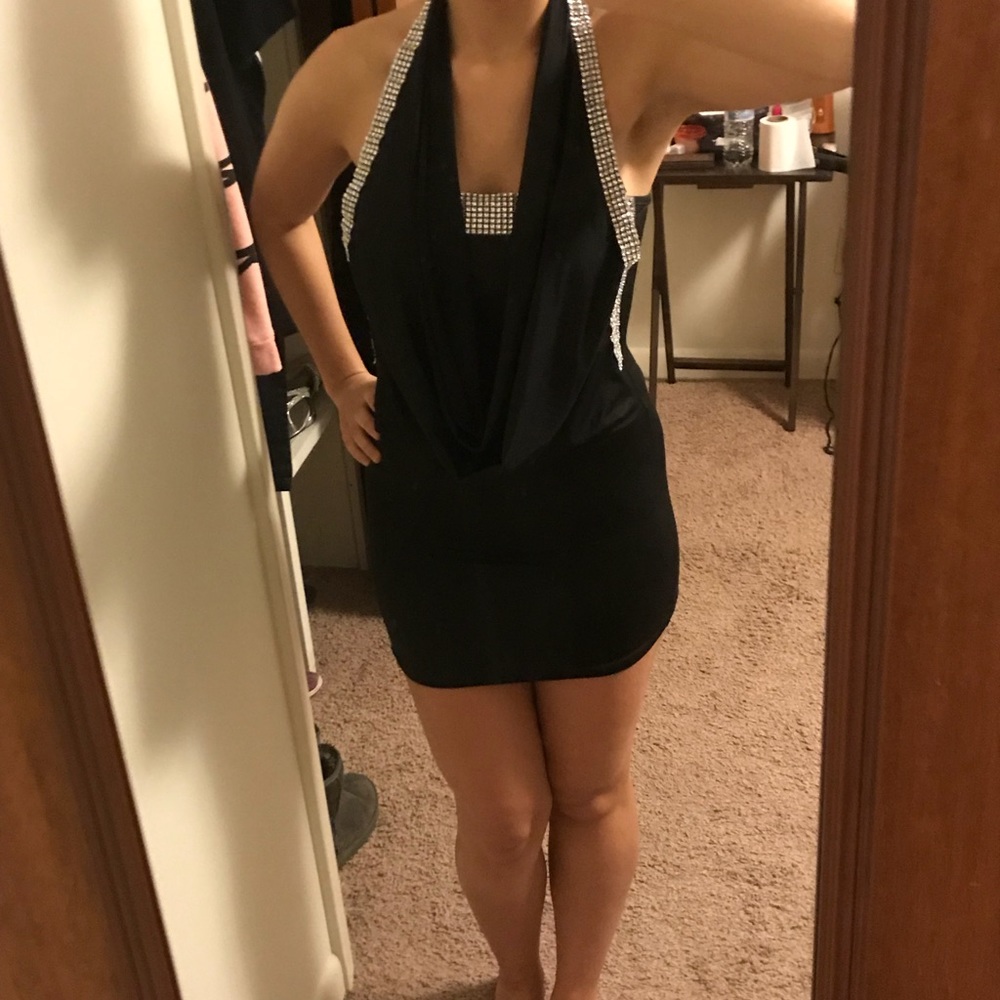 Black dress with rhinestones.